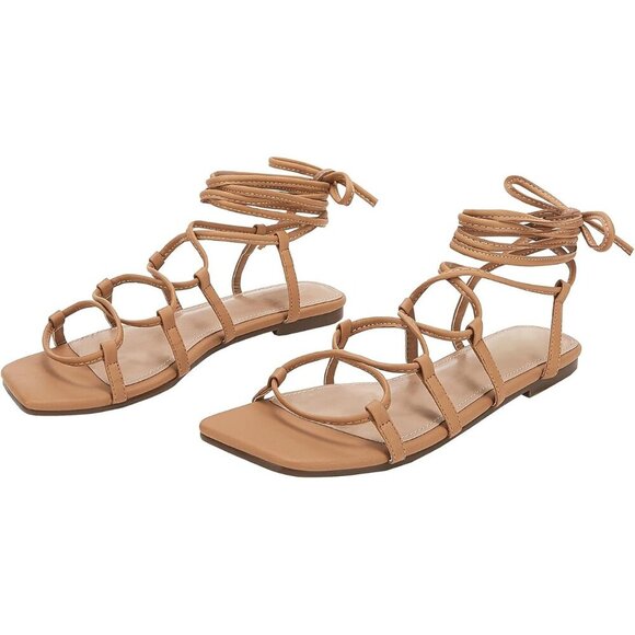 ZBY Lace up Square Toe Flat Gladiator Sandals with Ankle Wrap Strap, Size 9 - Picture 1 of 5